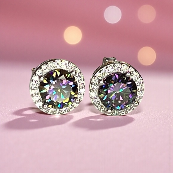 Mystic Moissanite Earrings Handcrafted in Halo Settings in Sterling Silver - Picture 6 of 8